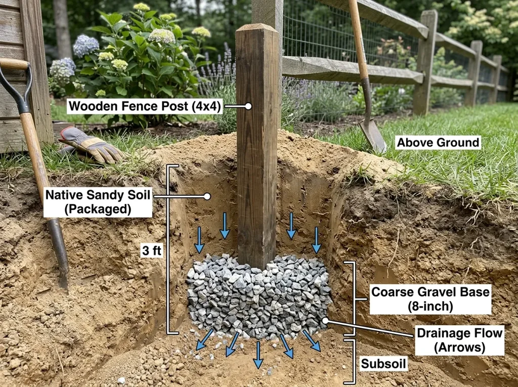 sandy soil drainage around fence post with gravel base