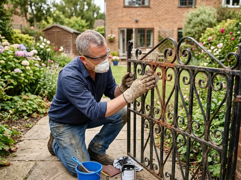 sanding rust spot on ornamental iron fence before priming