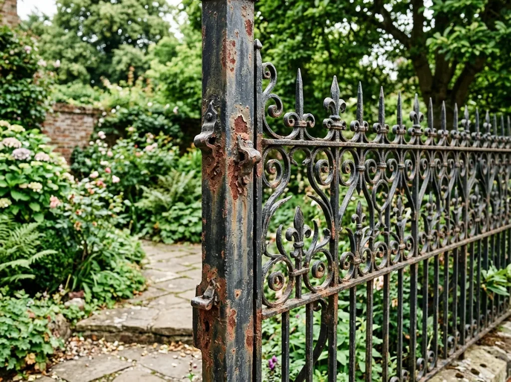 ornamental iron fence with rust spots on post and pickets